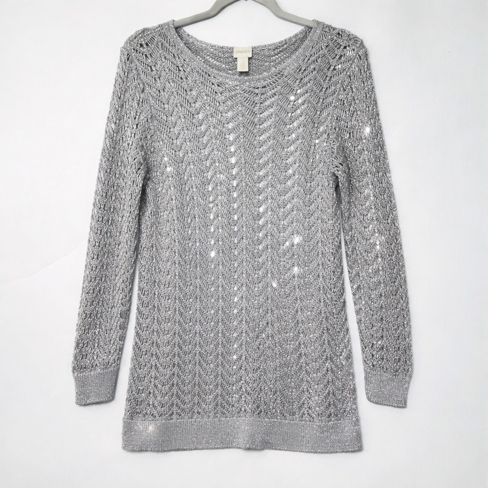 Chico's Metallic Open Knit Top Womens 3 Silver Crochet Tunic Glam Beach Cover Up - Picture 2 of 11